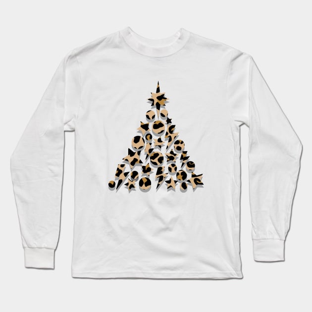 Leopard Print Christmas Tree, Lightning, Star and Baubles Long Sleeve T-Shirt by OneThreeSix